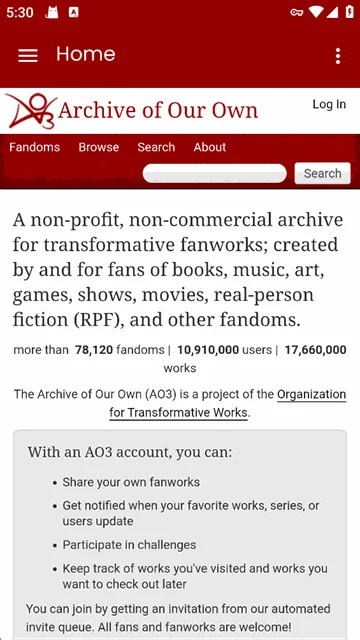 AO3 移动端档案库说明与账户功能界面